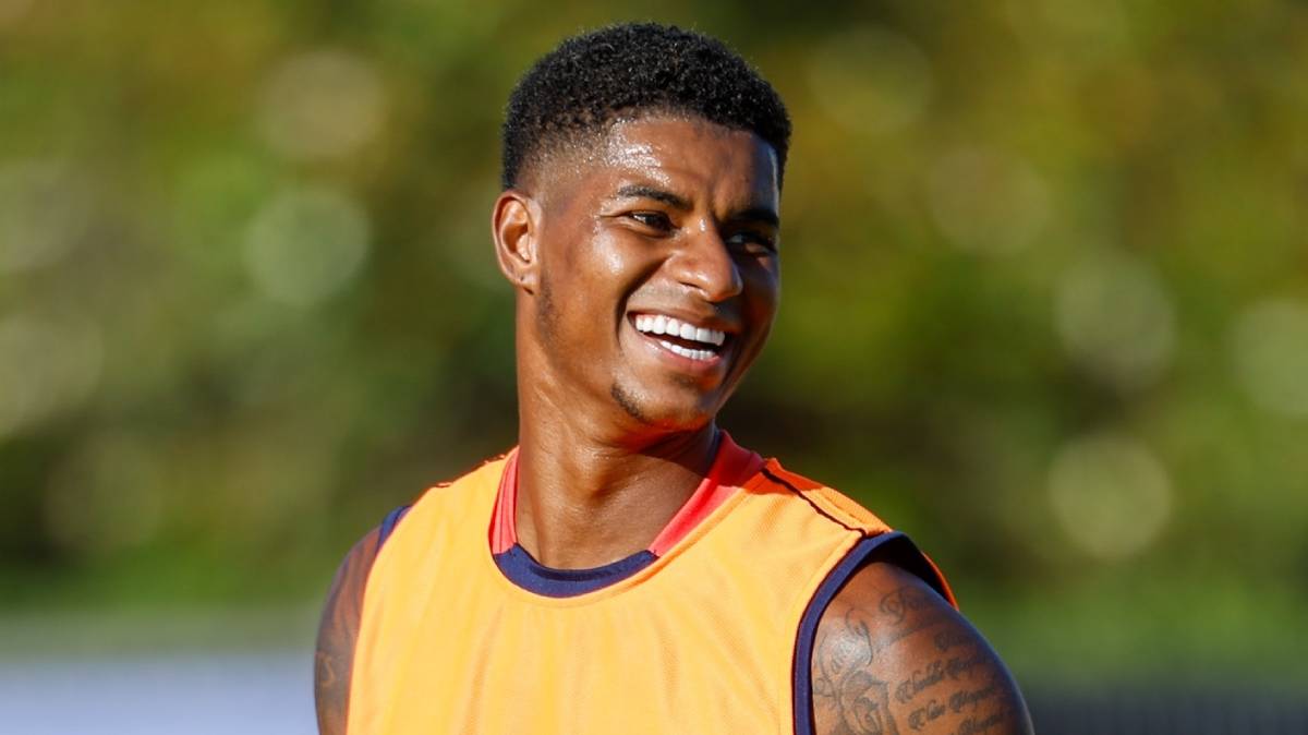 Man United football player Marcus Rashford training